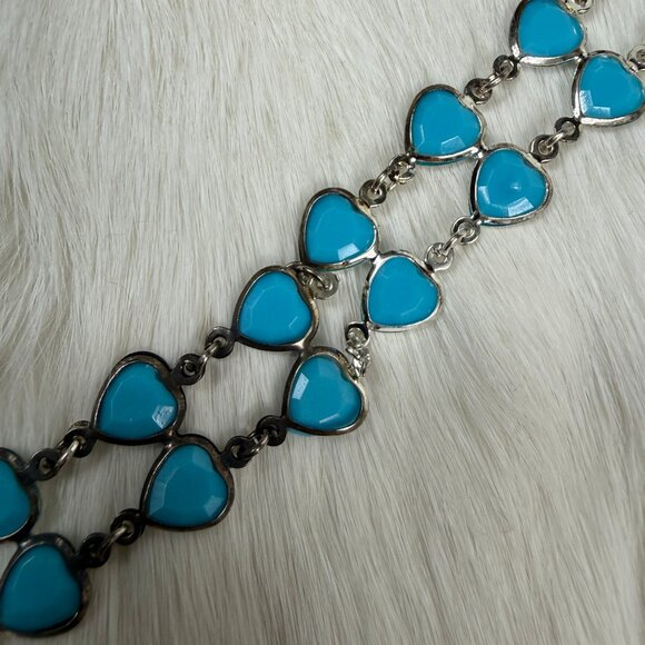 Lightweight Sky Blue Plastic Heart & Silver Tone Link Bracelet 8.25" - Picture 5 of 6